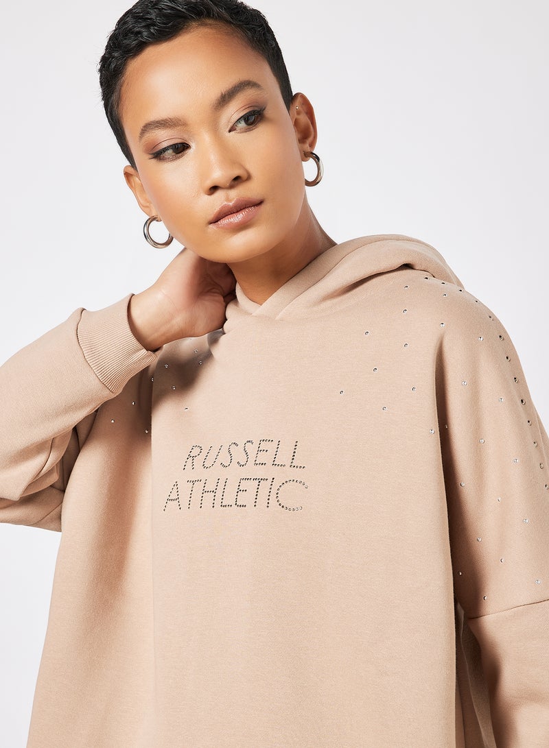 Logo Embellished Hoodie Beige