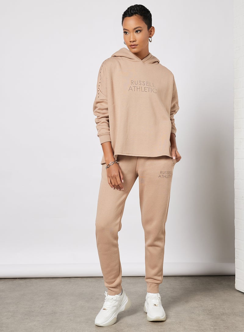 Logo Embellished Hoodie Beige