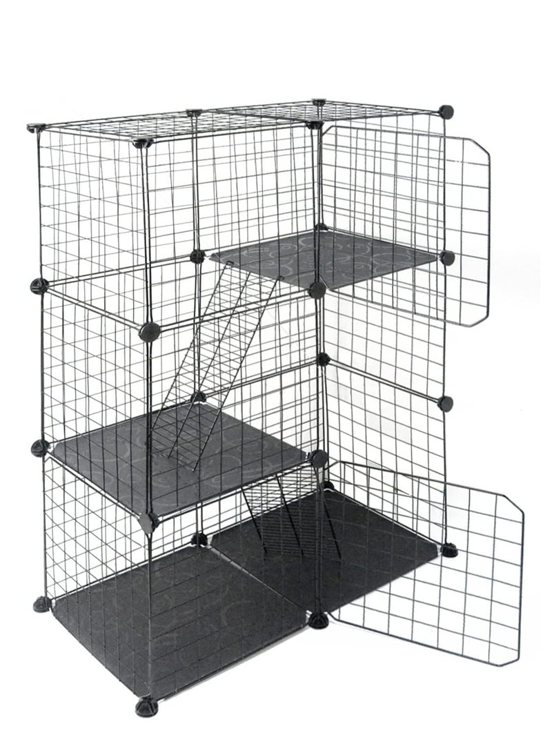 Indoor Cat Cage Large DIY Cat Enclosure Small Animals Cages with 3 Doors, 2 Ladders 109 x 75 x 39 cm Anti-jumping Kitten Crate Indoor Use Pet Cages for Cats, Bunny, Black