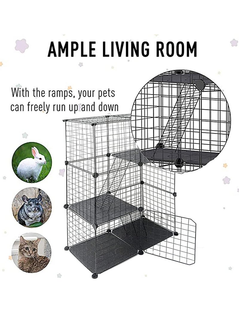 Indoor Cat Cage Large DIY Cat Enclosure Small Animals Cages with 3 Doors, 2 Ladders 109 x 75 x 39 cm Anti-jumping Kitten Crate Indoor Use Pet Cages for Cats, Bunny, Black