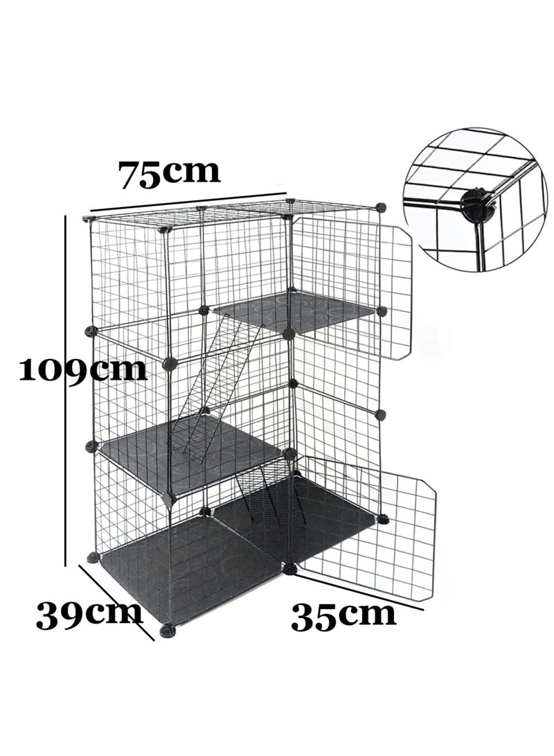 Indoor Cat Cage Large DIY Cat Enclosure Small Animals Cages with 3 Doors, 2 Ladders 109 x 75 x 39 cm Anti-jumping Kitten Crate Indoor Use Pet Cages for Cats, Bunny, Black