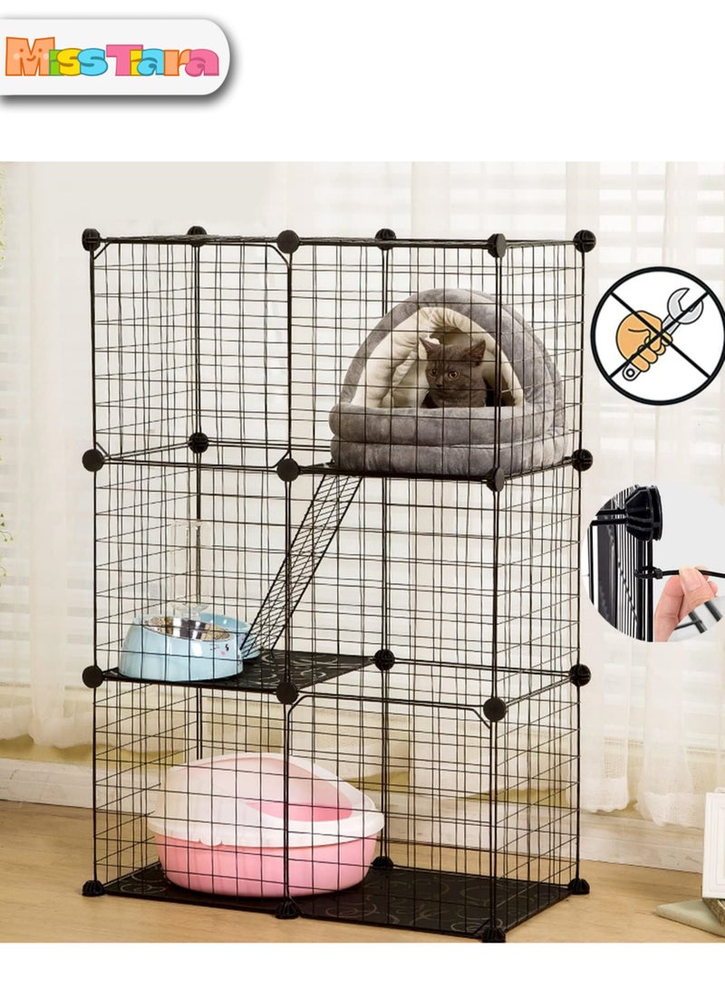 Indoor Cat Cage Large DIY Cat Enclosure Small Animals Cages with 3 Doors, 2 Ladders 109 x 75 x 39 cm Anti-jumping Kitten Crate Indoor Use Pet Cages for Cats, Bunny, Black