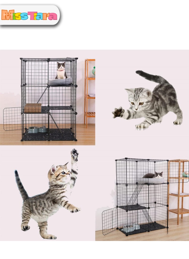 Indoor Cat Cage Large DIY Cat Enclosure Small Animals Cages with 3 Doors, 2 Ladders 109 x 75 x 39 cm Anti-jumping Kitten Crate Indoor Use Pet Cages for Cats, Bunny, Black