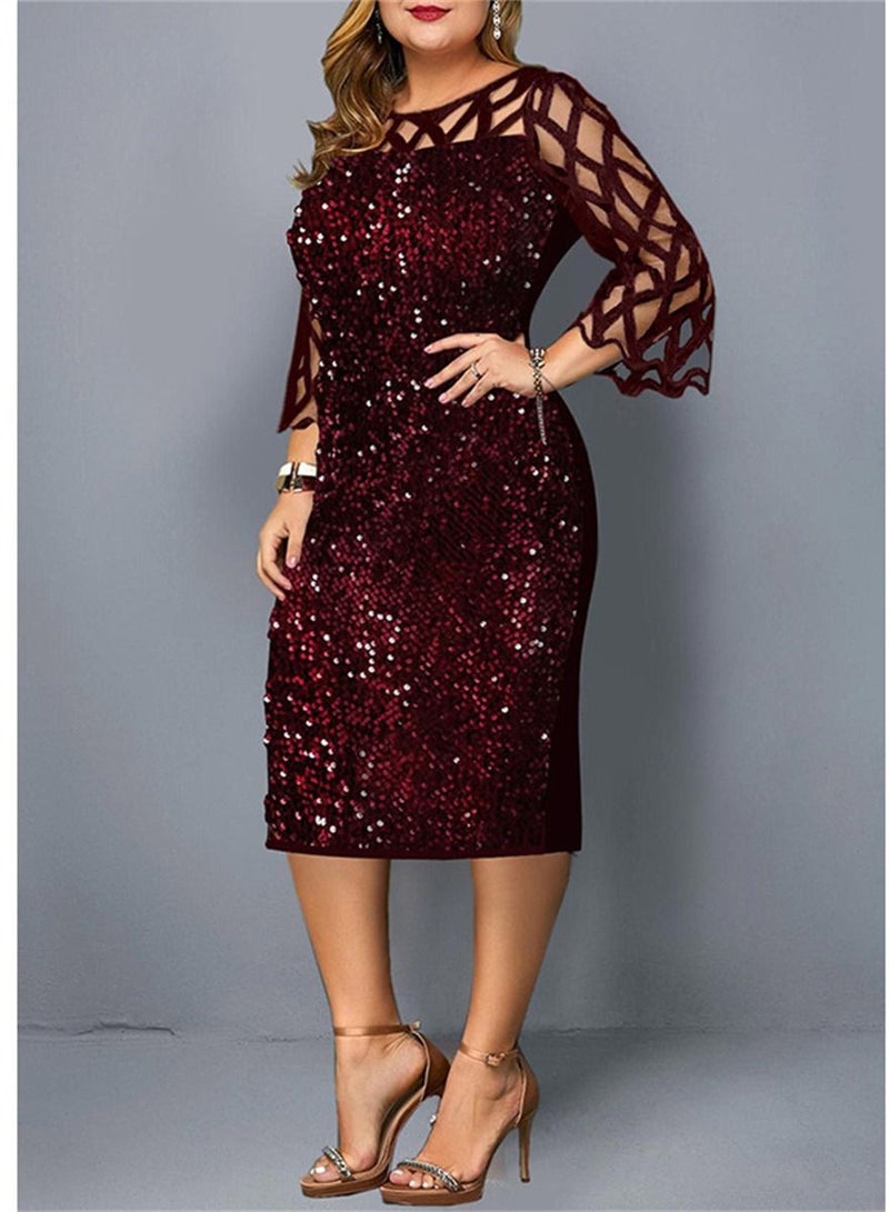 Sleek Sequined Creek-neck Dress Red