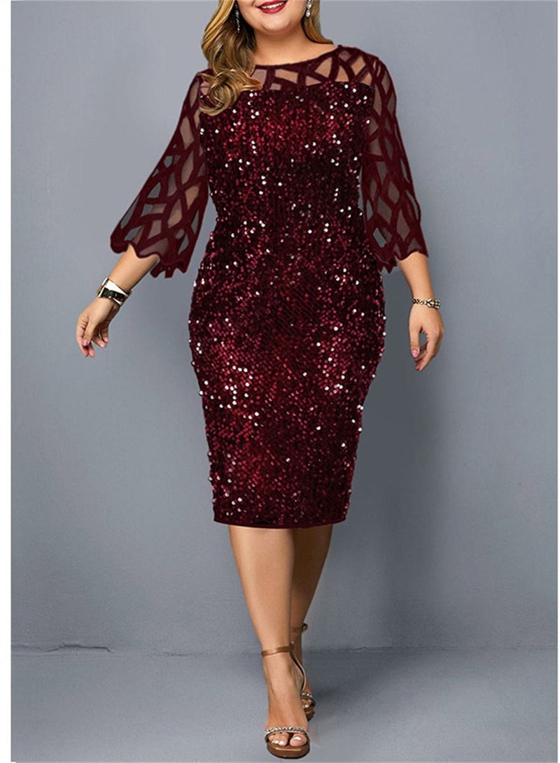 Sleek Sequined Creek-neck Dress Red