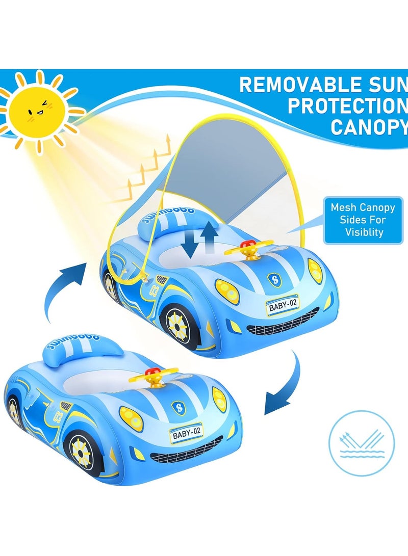 Baby Swimming Float Baby Float Inflatable Car Baby Swim Float Baby Floats for Swimming Baby Pool Float with Detachable Sun Protection Canopy and Safety Seat for Kids Aged 12-48 Months (Blue)