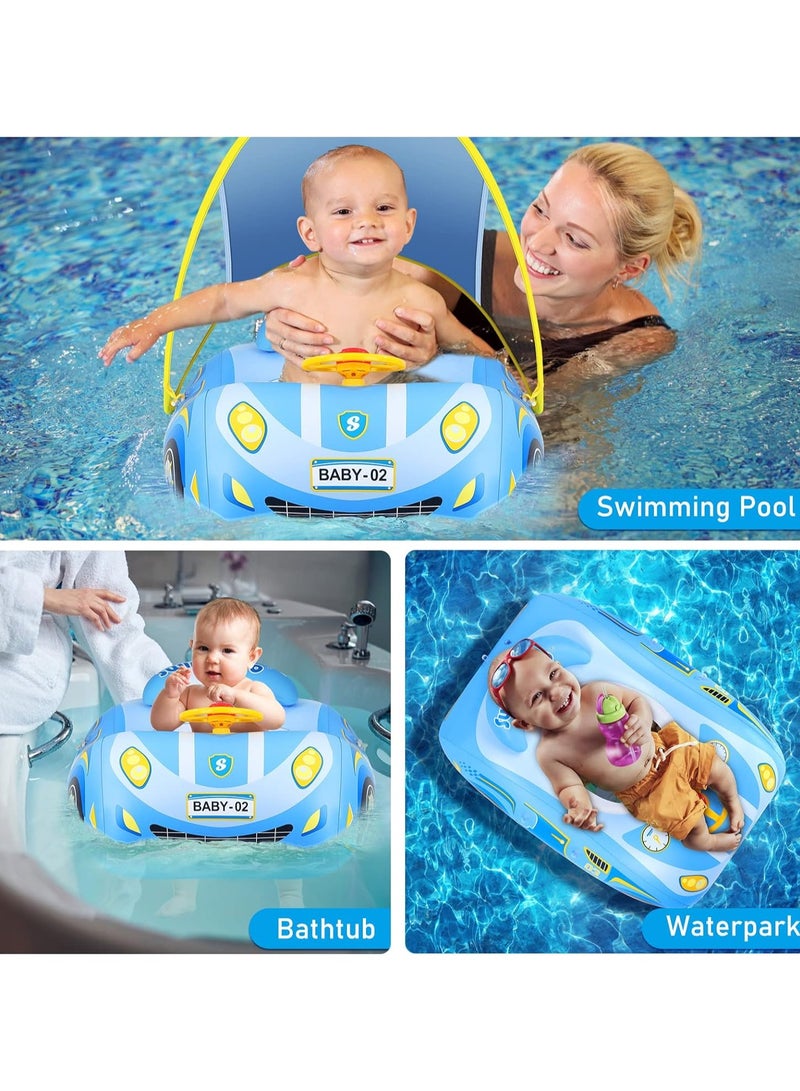 Baby Swimming Float Baby Float Inflatable Car Baby Swim Float Baby Floats for Swimming Baby Pool Float with Detachable Sun Protection Canopy and Safety Seat for Kids Aged 12-48 Months (Blue)