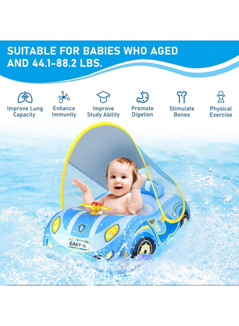 Baby Swimming Float Baby Float Inflatable Car Baby Swim Float Baby Floats for Swimming Baby Pool Float with Detachable Sun Protection Canopy and Safety Seat for Kids Aged 12-48 Months (Blue)