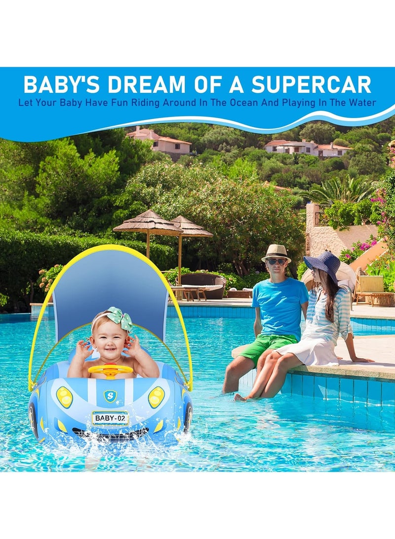 Baby Swimming Float Baby Float Inflatable Car Baby Swim Float Baby Floats for Swimming Baby Pool Float with Detachable Sun Protection Canopy and Safety Seat for Kids Aged 12-48 Months (Blue)