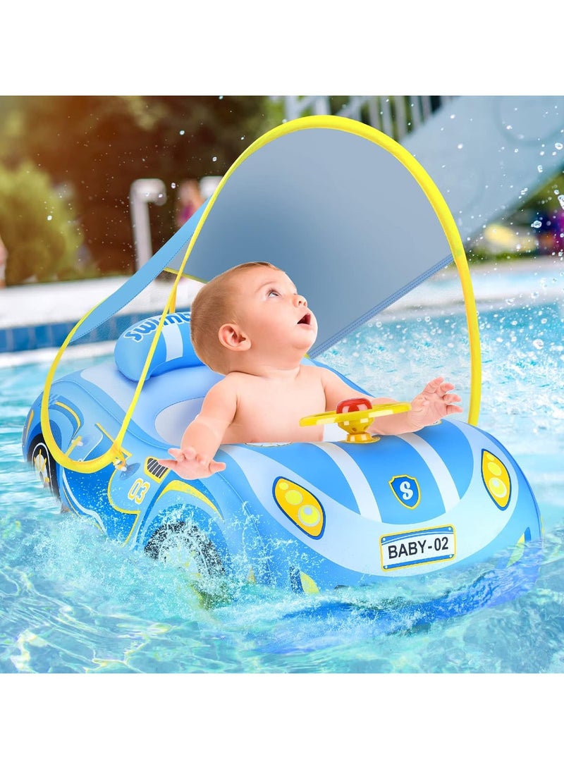 Baby Swimming Float Baby Float Inflatable Car Baby Swim Float Baby Floats for Swimming Baby Pool Float with Detachable Sun Protection Canopy and Safety Seat for Kids Aged 12-48 Months (Blue)