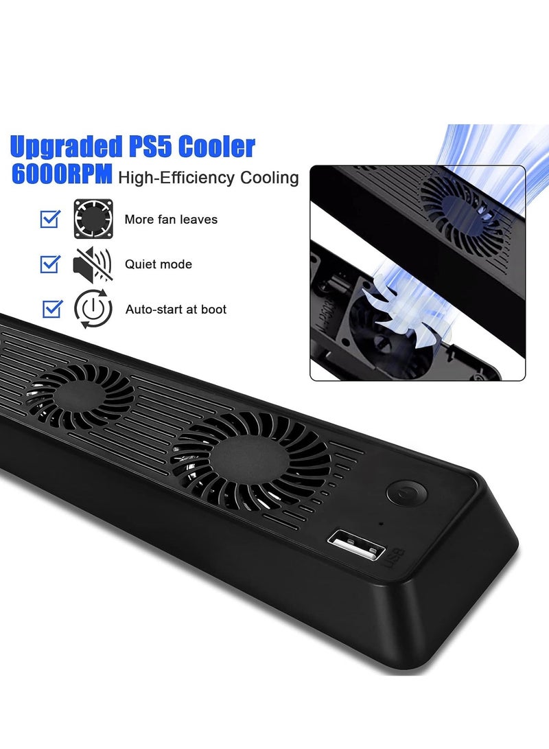 Playstation 5 Cooling Fan with LED light and USB port, Strong and Silent Exhaust with 3 Fans for PS5 Disc and Digital Edition, Self-Starting and Quiet Mode