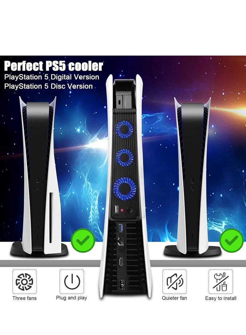 Playstation 5 Cooling Fan with LED light and USB port, Strong and Silent Exhaust with 3 Fans for PS5 Disc and Digital Edition, Self-Starting and Quiet Mode