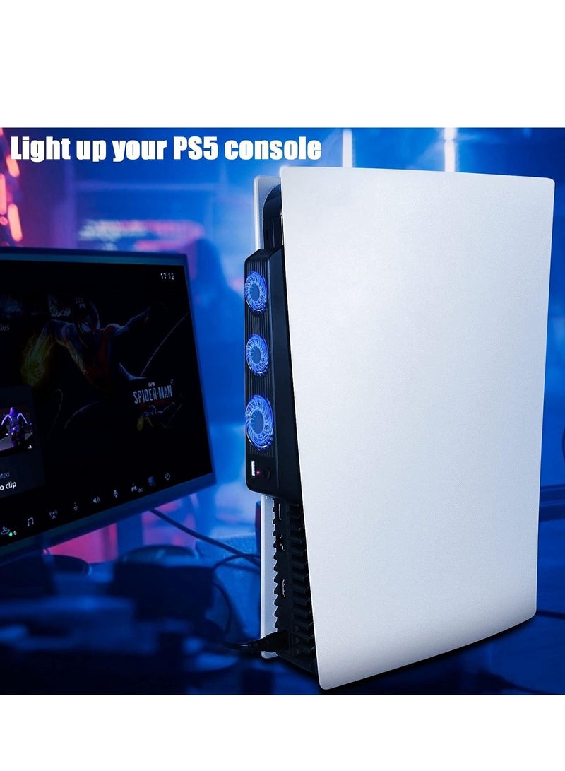 Playstation 5 Cooling Fan with LED light and USB port, Strong and Silent Exhaust with 3 Fans for PS5 Disc and Digital Edition, Self-Starting and Quiet Mode