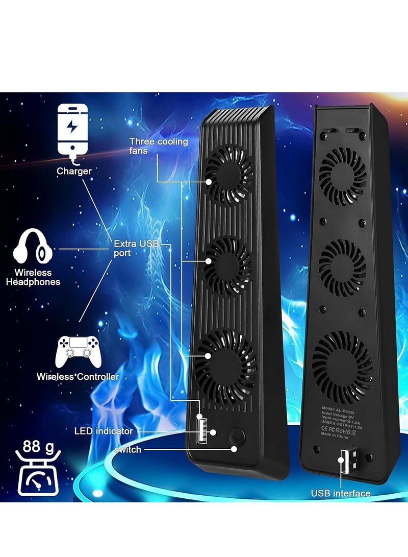 Playstation 5 Cooling Fan with LED light and USB port, Strong and Silent Exhaust with 3 Fans for PS5 Disc and Digital Edition, Self-Starting and Quiet Mode