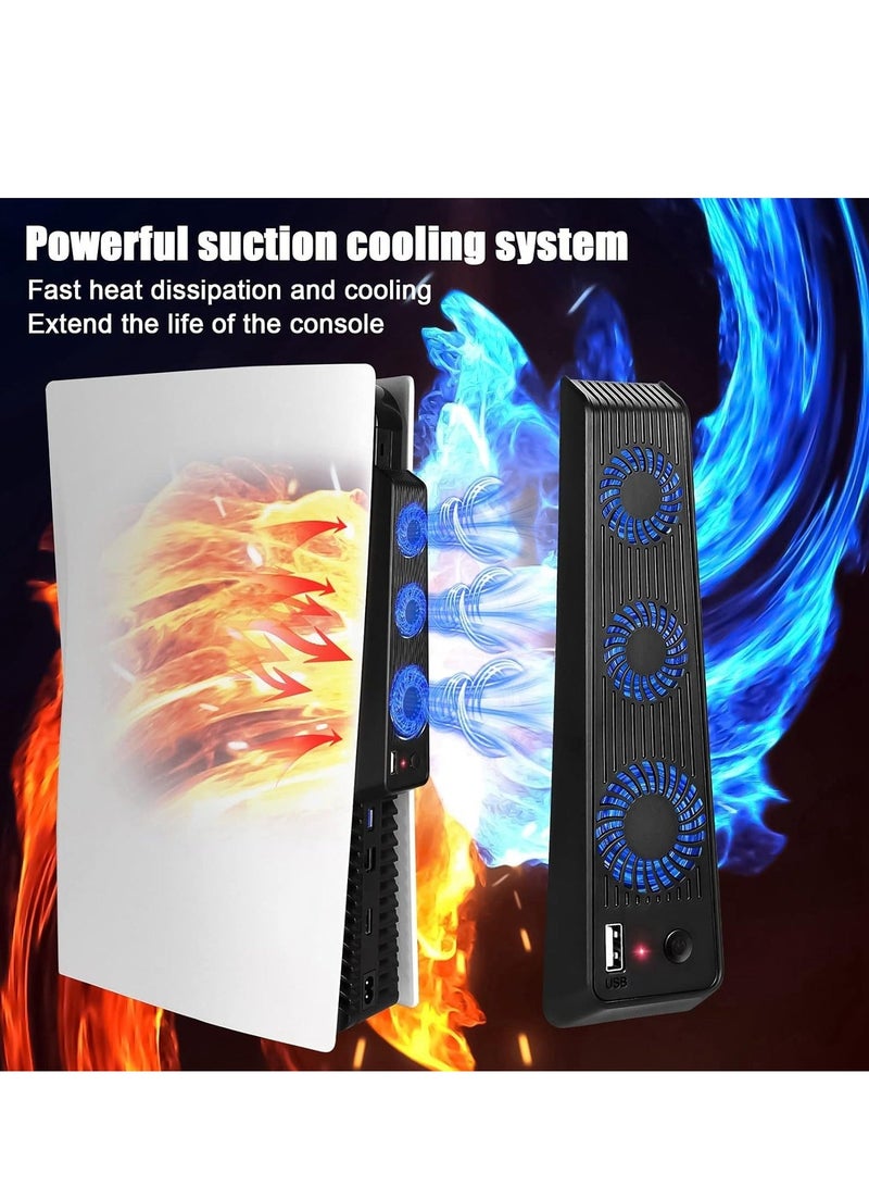 Playstation 5 Cooling Fan with LED light and USB port, Strong and Silent Exhaust with 3 Fans for PS5 Disc and Digital Edition, Self-Starting and Quiet Mode