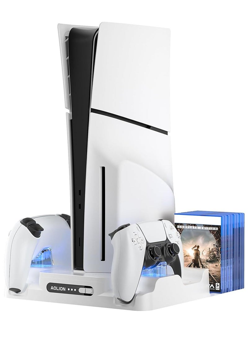 Sony 5 Playstation 5 Stand with Cooling Station and DualSense Controller Charging Station for PS5 SLIM/PRO/DE/UHD, PS5 Cooling Fan with 8 CD holder and 3 Adjustable Fan Speeds (White)
