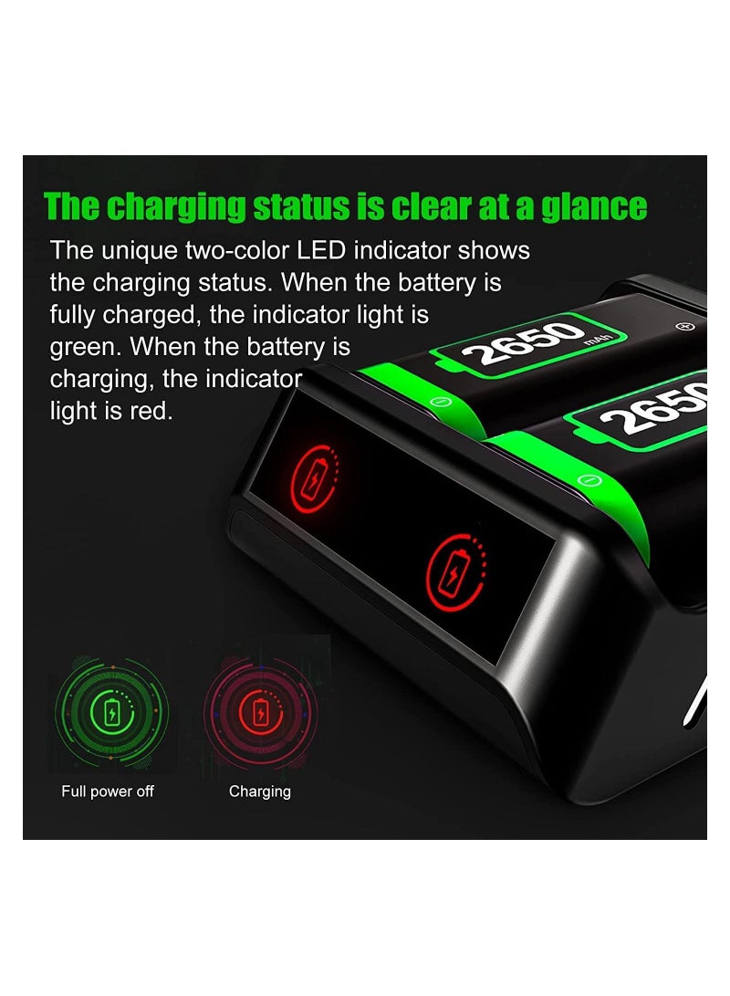 Rechargeable Battery Pack for Xbox One/ S/ X/Xbox One Elite/Xbox Series S/Xbox X 2x2650 mAh Controller with Charging Station Protective Shell Led Indicator Black