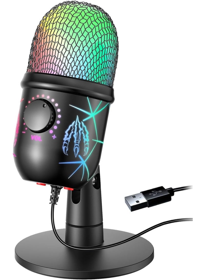 USB Microphone, Plug and Play Gaming Mic for PC, Mac, PS4/5, Podcast Microphone with RGB, Mute, Monitor, Noise Reduction, Volume Gain, Great for Recording, Streaming