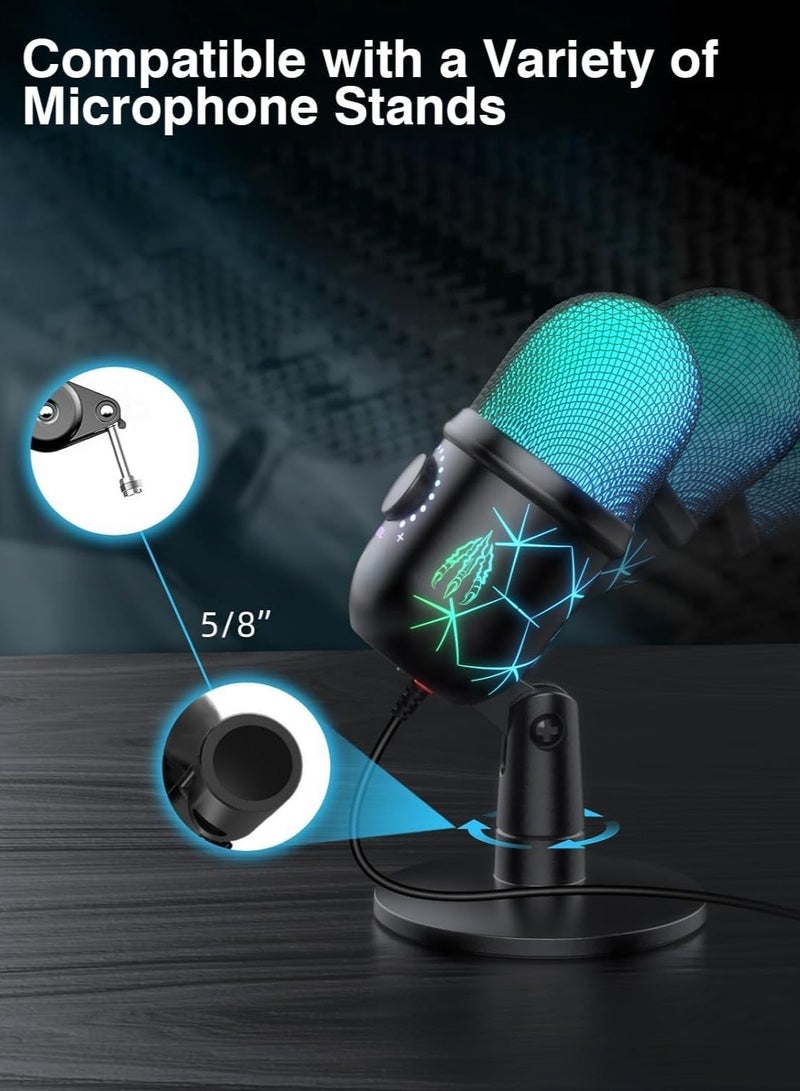 USB Microphone, Plug and Play Gaming Mic for PC, Mac, PS4/5, Podcast Microphone with RGB, Mute, Monitor, Noise Reduction, Volume Gain, Great for Recording, Streaming