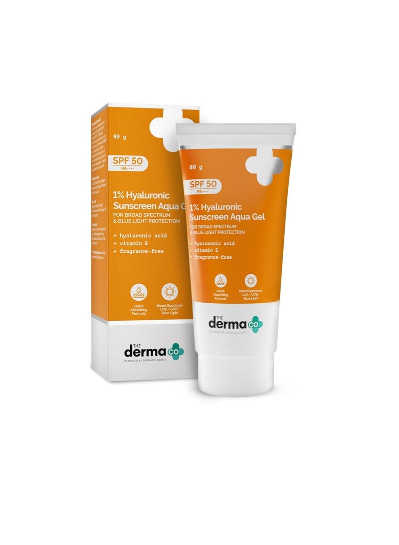 The Derma Co 1% Hyaluronic Sunscreen Aqua Gel SPF 50 PA++ Ultra Lightweight Texture  Non Greasy  No White Cast  Broad Spectrum Protection and Blue Light Protection For All Skin Types  80 g