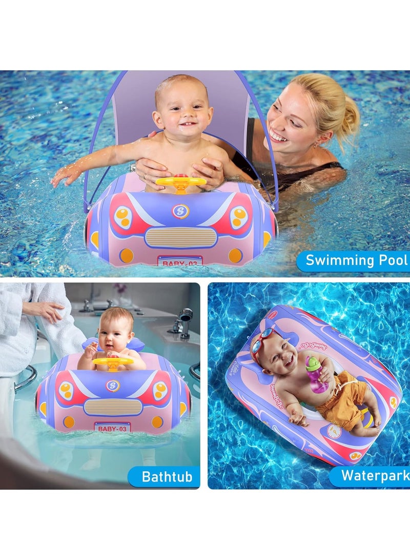 Baby Swimming Float Baby Float Inflatable Car Baby Swim Float Baby Floats for Swimming Baby Pool Float with Detachable Sun Protection Canopy and Safety Seat for Kids Aged 12-48 Months (Pink)