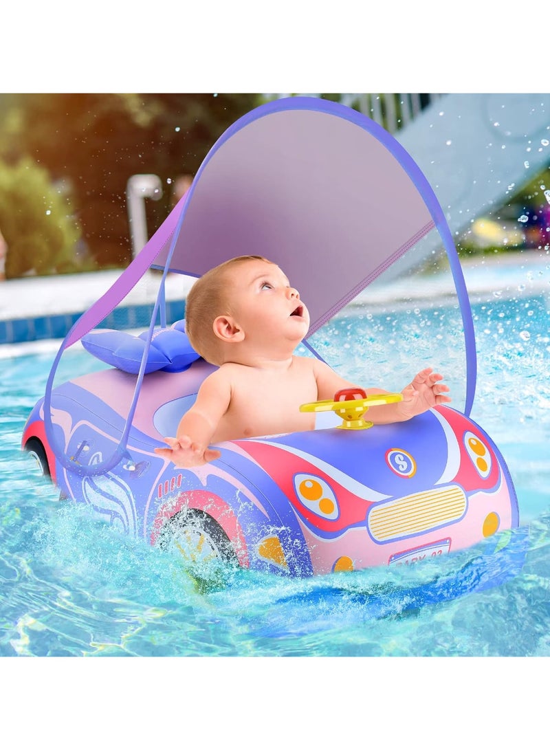 Baby Swimming Float Baby Float Inflatable Car Baby Swim Float Baby Floats for Swimming Baby Pool Float with Detachable Sun Protection Canopy and Safety Seat for Kids Aged 12-48 Months (Pink)