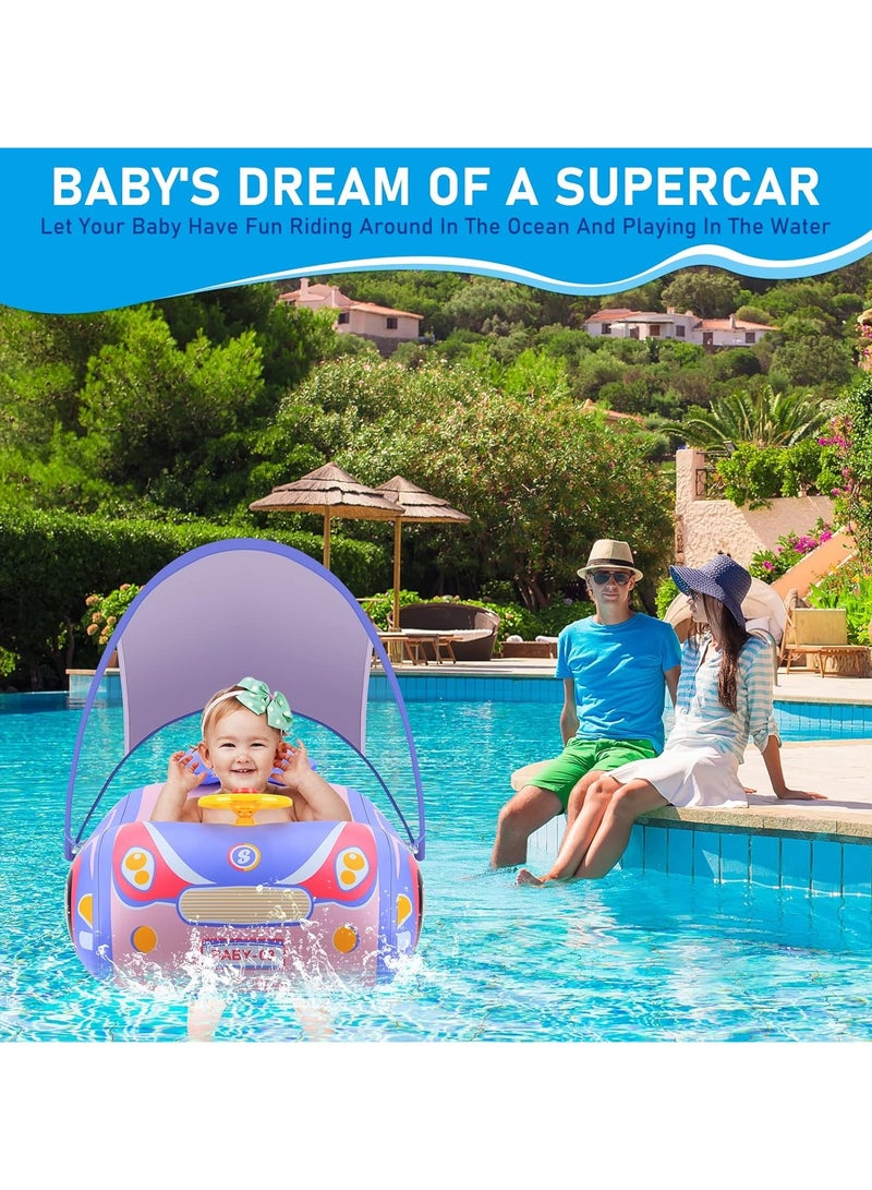 Baby Swimming Float Baby Float Inflatable Car Baby Swim Float Baby Floats for Swimming Baby Pool Float with Detachable Sun Protection Canopy and Safety Seat for Kids Aged 12-48 Months (Pink)