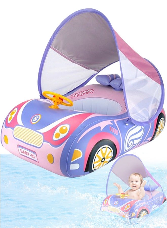 Baby Swimming Float Baby Float Inflatable Car Baby Swim Float Baby Floats for Swimming Baby Pool Float with Detachable Sun Protection Canopy and Safety Seat for Kids Aged 12-48 Months (Pink)