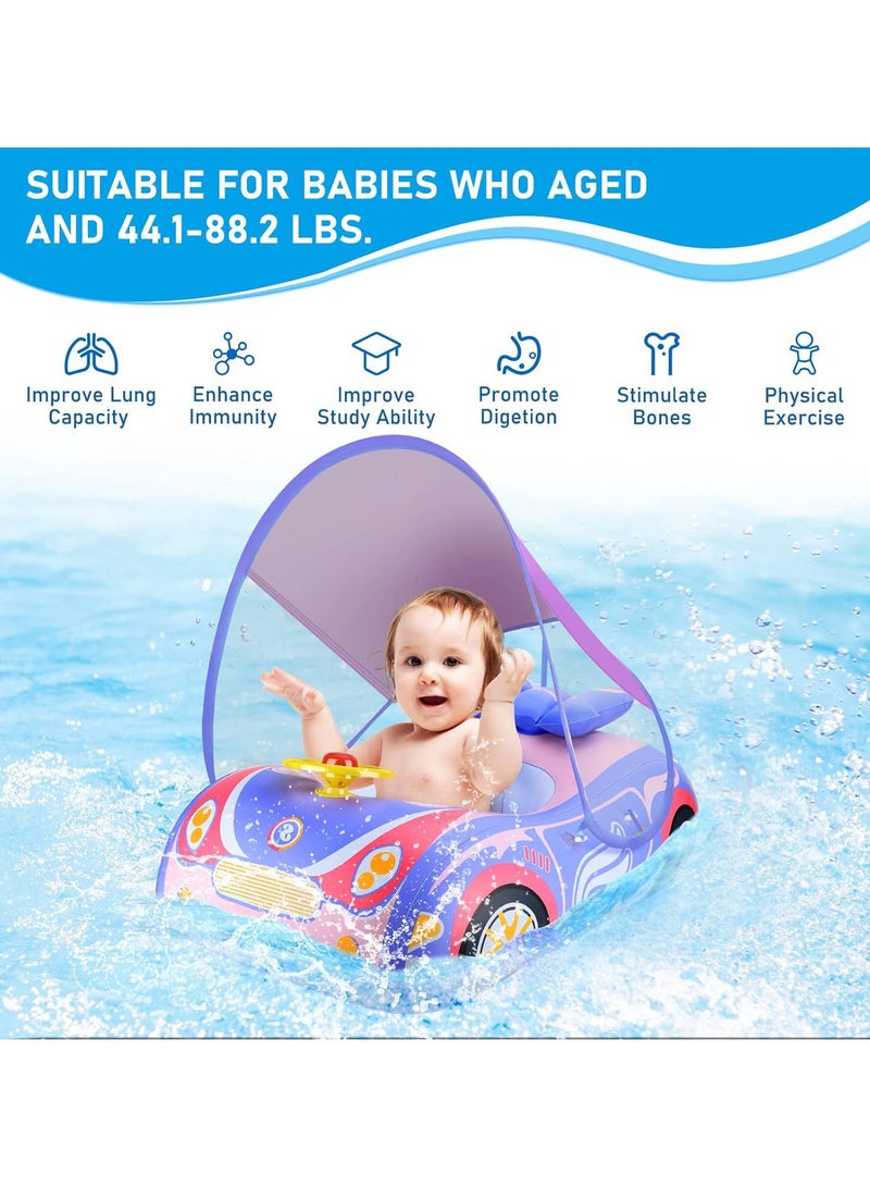 Baby Swimming Float Baby Float Inflatable Car Baby Swim Float Baby Floats for Swimming Baby Pool Float with Detachable Sun Protection Canopy and Safety Seat for Kids Aged 12-48 Months (Pink)