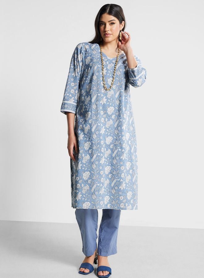 V-Neck Floral Print Kurta & Pant Set