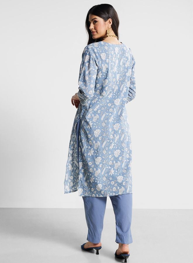 V-Neck Floral Print Kurta & Pant Set