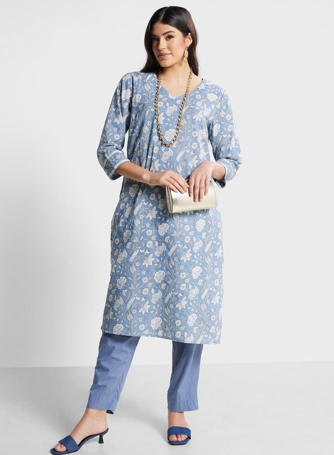 V-Neck Floral Print Kurta & Pant Set