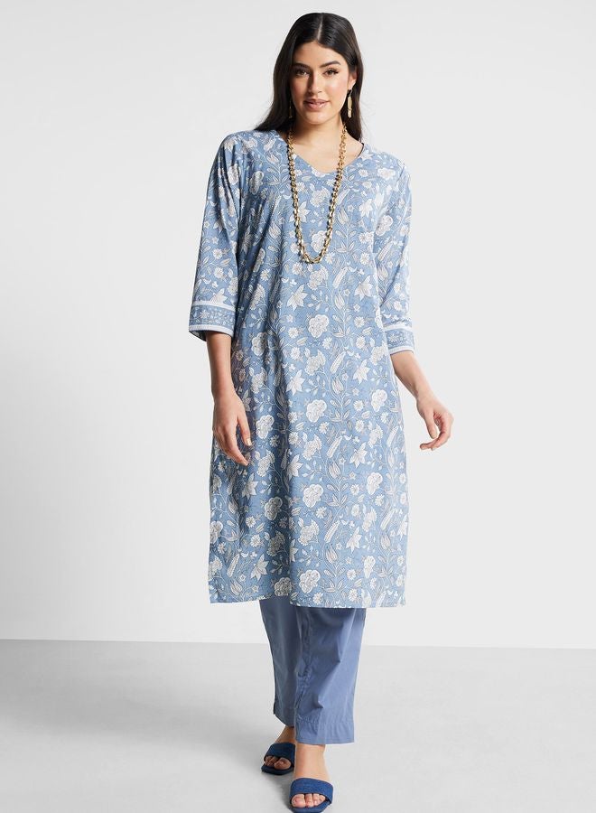 V-Neck Floral Print Kurta & Pant Set