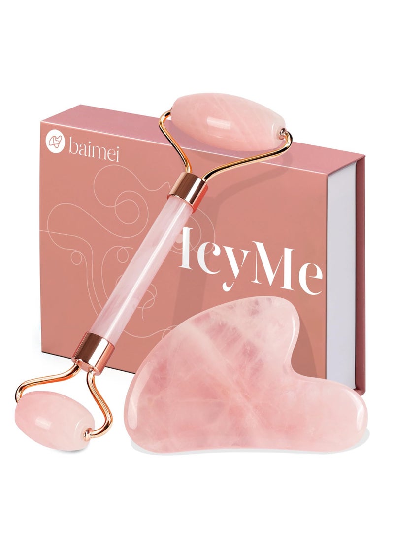 BAIMEI IcyMe Jade Roller & Gua Sha, Face Roller Redness Reducing Skin Care Tools, Self Care Pink Gift for Men Women, Massager for Face, Eyes, Neck, Relieve Fine Lines and Wrinkles - Rose Quartz