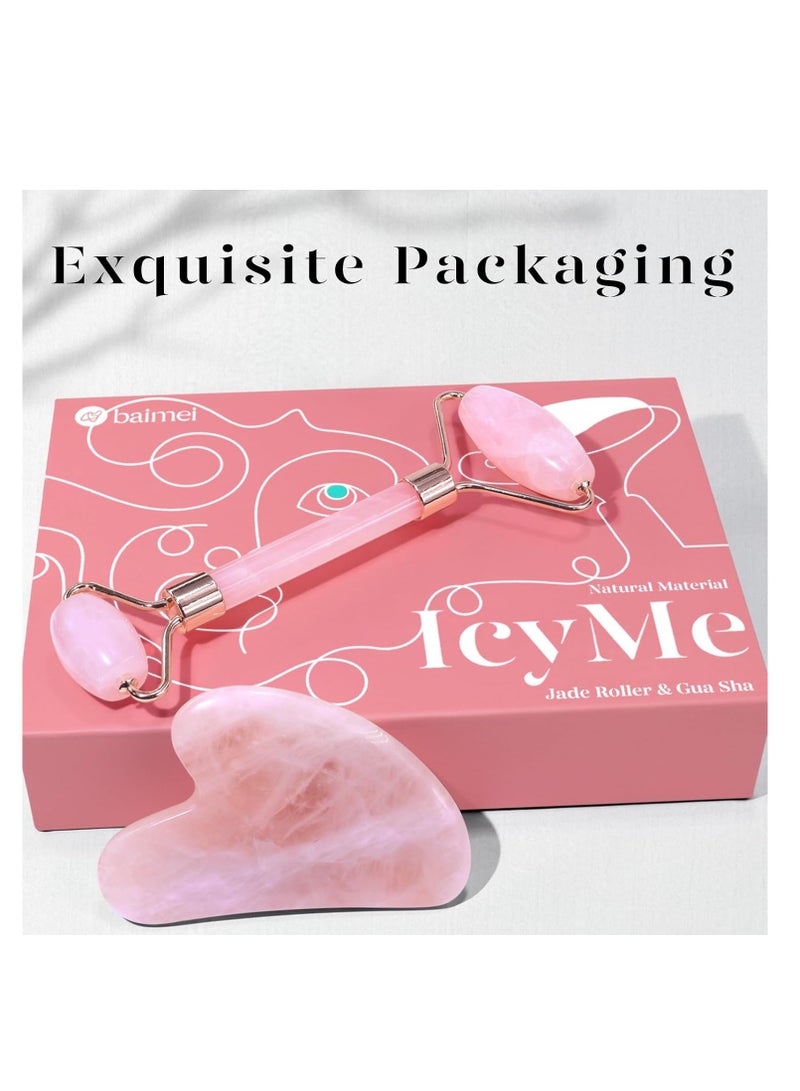 BAIMEI IcyMe Jade Roller & Gua Sha, Face Roller Redness Reducing Skin Care Tools, Self Care Pink Gift for Men Women, Massager for Face, Eyes, Neck, Relieve Fine Lines and Wrinkles - Rose Quartz