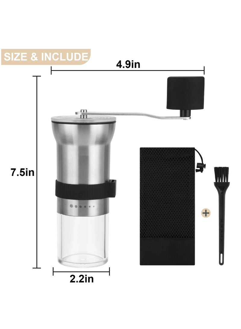Upgrade Manual Coffee Grinder, Portable Stainless Steel Hand Crank Coffee Bean Grinder, Hand Coffee Grinder 6 Coarseness Settings, burr coffee grinder with Ceramic Burrs, Perfect for families