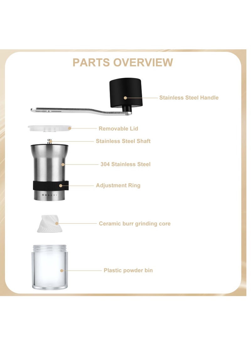 Upgrade Manual Coffee Grinder, Portable Stainless Steel Hand Crank Coffee Bean Grinder, Hand Coffee Grinder 6 Coarseness Settings, burr coffee grinder with Ceramic Burrs, Perfect for families