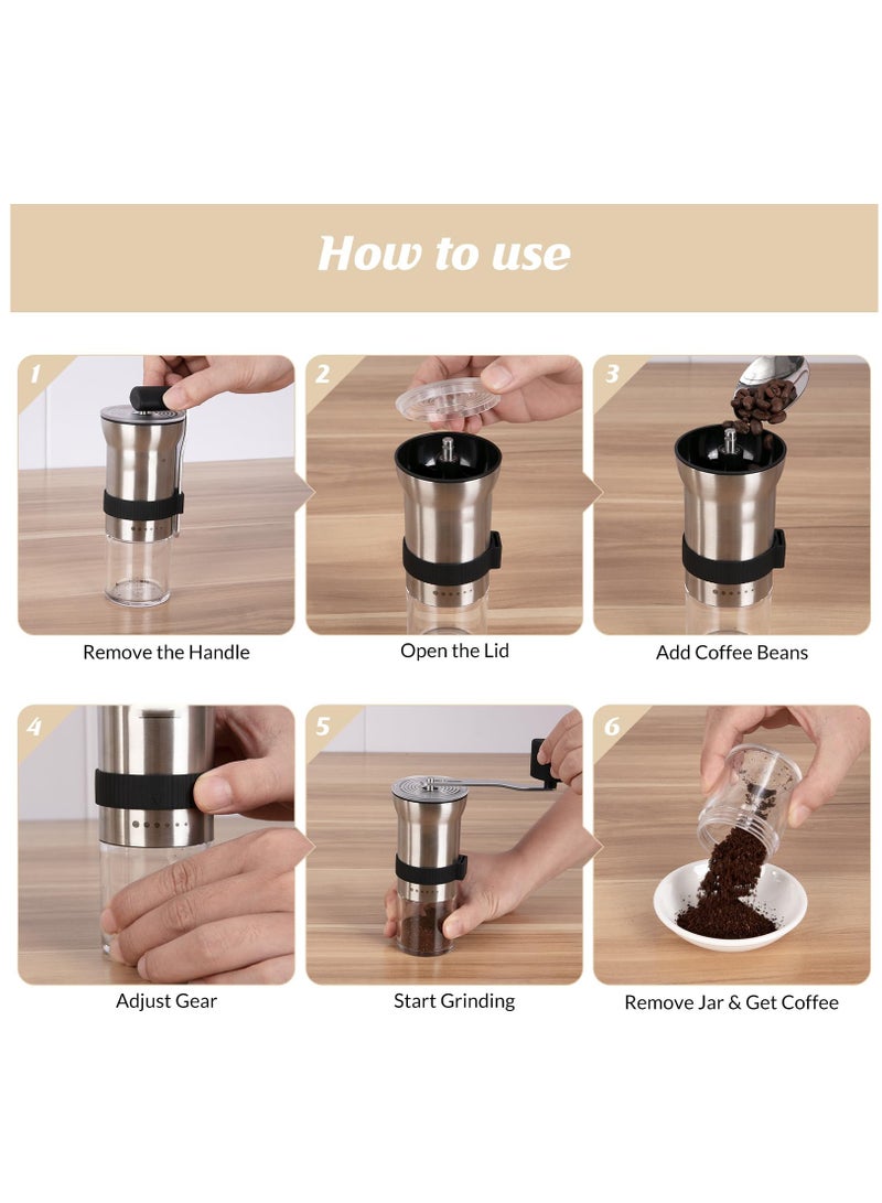 Upgrade Manual Coffee Grinder, Portable Stainless Steel Hand Crank Coffee Bean Grinder, Hand Coffee Grinder 6 Coarseness Settings, burr coffee grinder with Ceramic Burrs, Perfect for families