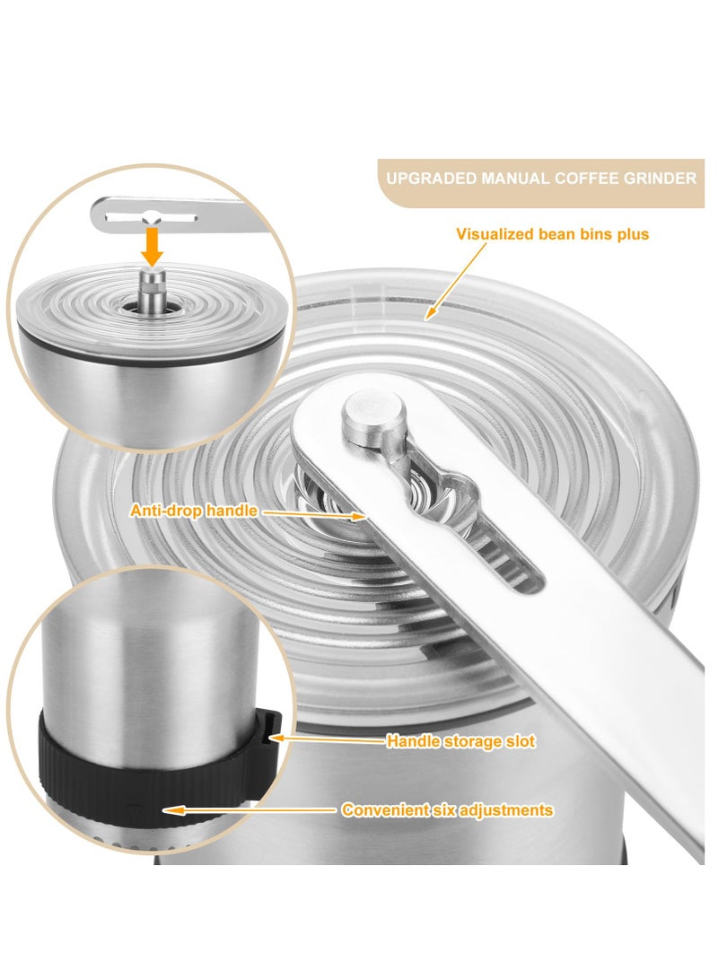 Upgrade Manual Coffee Grinder, Portable Stainless Steel Hand Crank Coffee Bean Grinder, Hand Coffee Grinder 6 Coarseness Settings, burr coffee grinder with Ceramic Burrs, Perfect for families