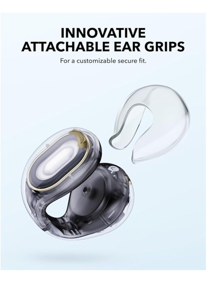 Open-Ear Earbuds, Clip-On Headphones, Lightweight Comfort, Stable Fit, Firm-Shell Design, Attachable Ear Grips, Big Drivers for Clear Audio, 30H Play, IPX4 Water-Resistant Black