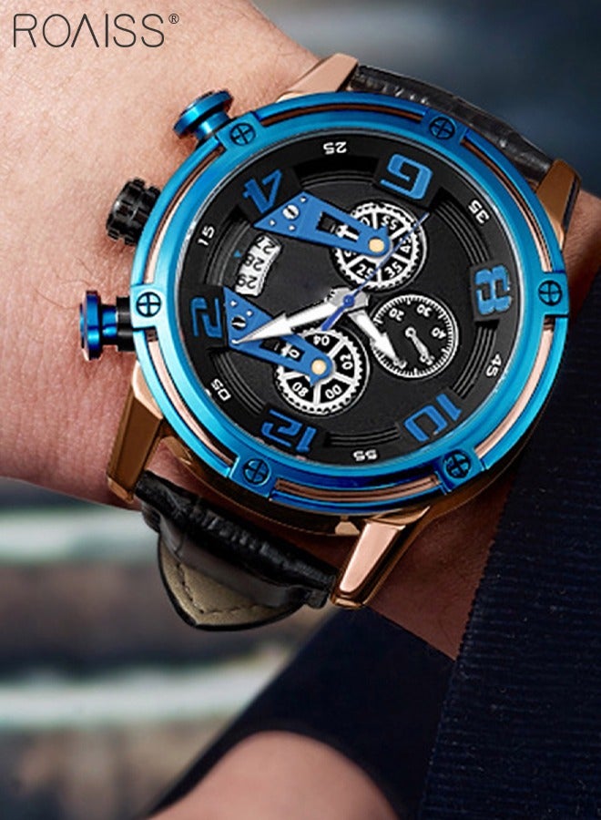 Men's Leather Strap Quartz Watch Analog Display Round Dial Chronograph Waterproof Luminous Sports Watch as Gift for Men