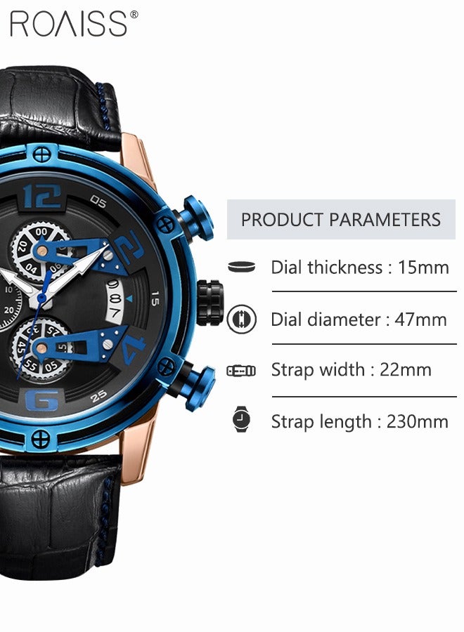 Men's Leather Strap Quartz Watch Analog Display Round Dial Chronograph Waterproof Luminous Sports Watch as Gift for Men