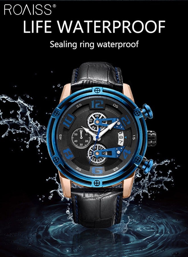 Men's Leather Strap Quartz Watch Analog Display Round Dial Chronograph Waterproof Luminous Sports Watch as Gift for Men