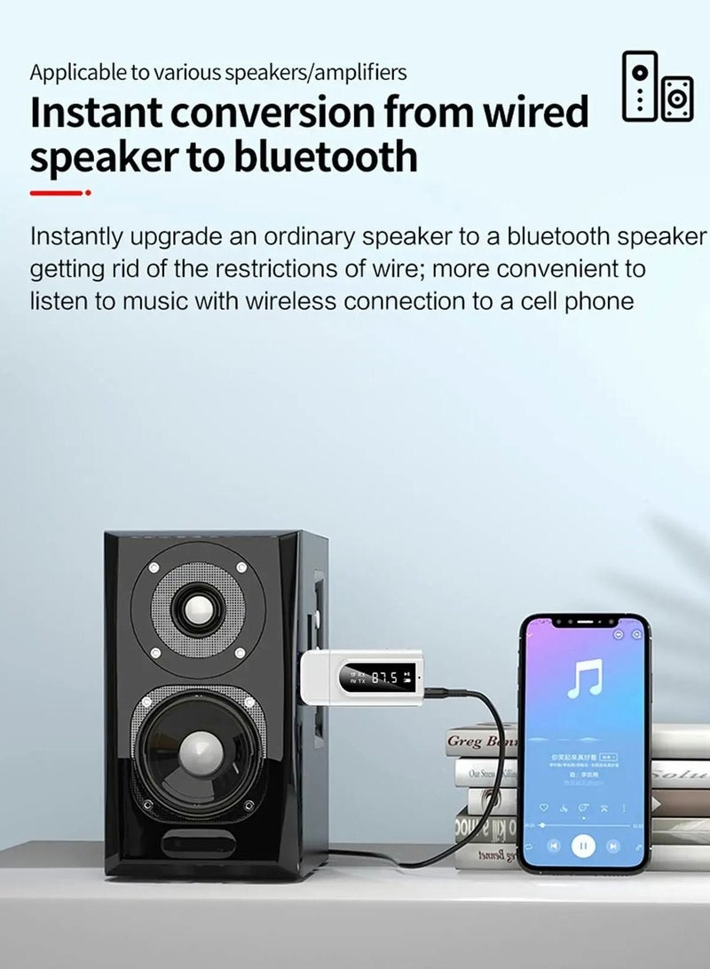 USB Bluetooth Transmitter Receiver with Screen, 3-in-1 Bluetooth 5.0 Adapter Support TF Card & FM Transmit,3.5mm Bluetooth