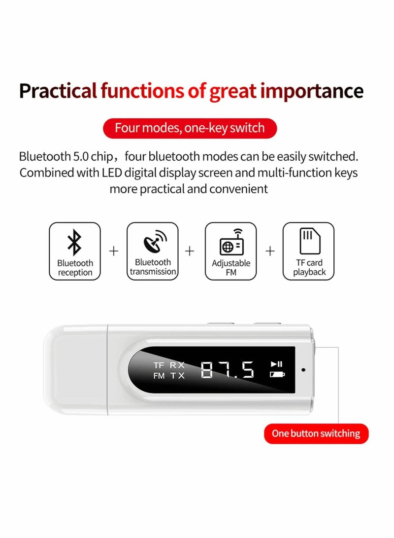 USB Bluetooth Transmitter Receiver with Screen, 3-in-1 Bluetooth 5.0 Adapter Support TF Card & FM Transmit,3.5mm Bluetooth