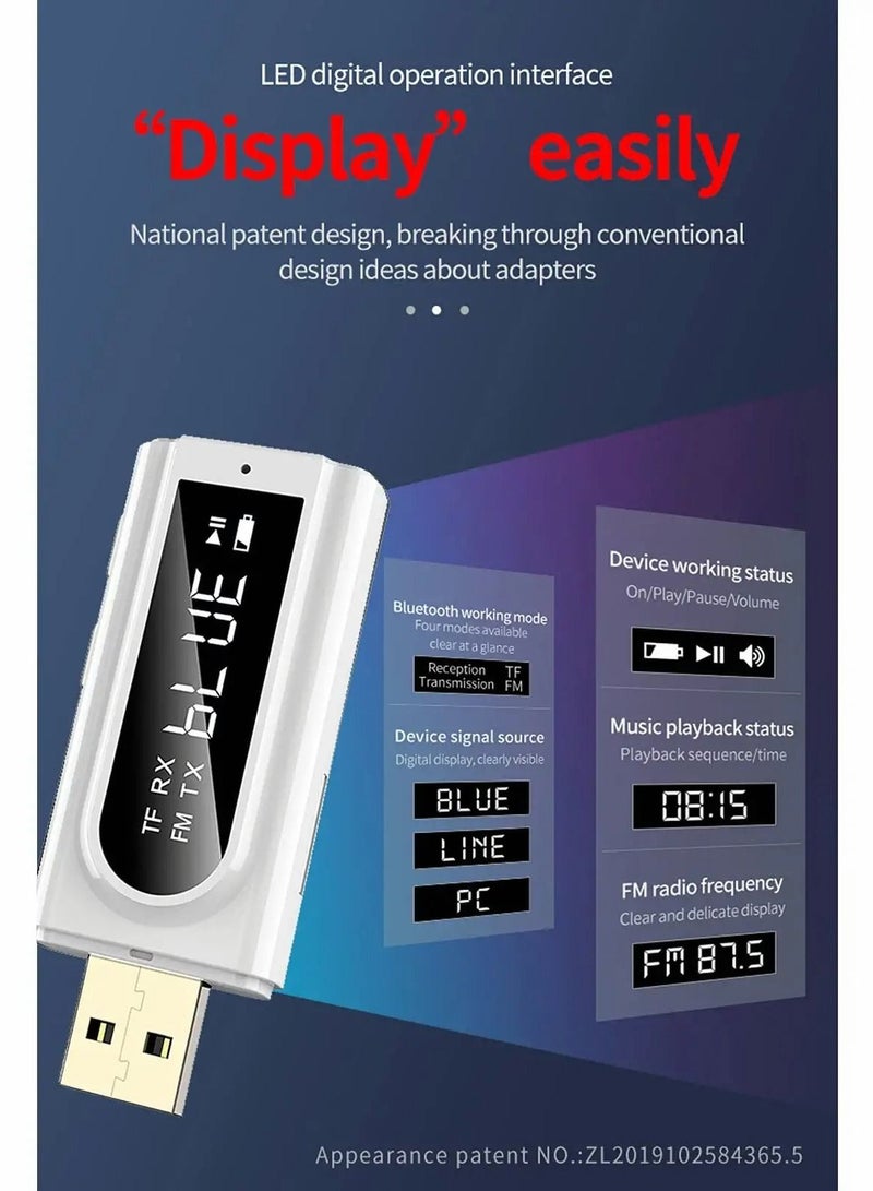 USB Bluetooth Transmitter Receiver with Screen, 3-in-1 Bluetooth 5.0 Adapter Support TF Card & FM Transmit,3.5mm Bluetooth