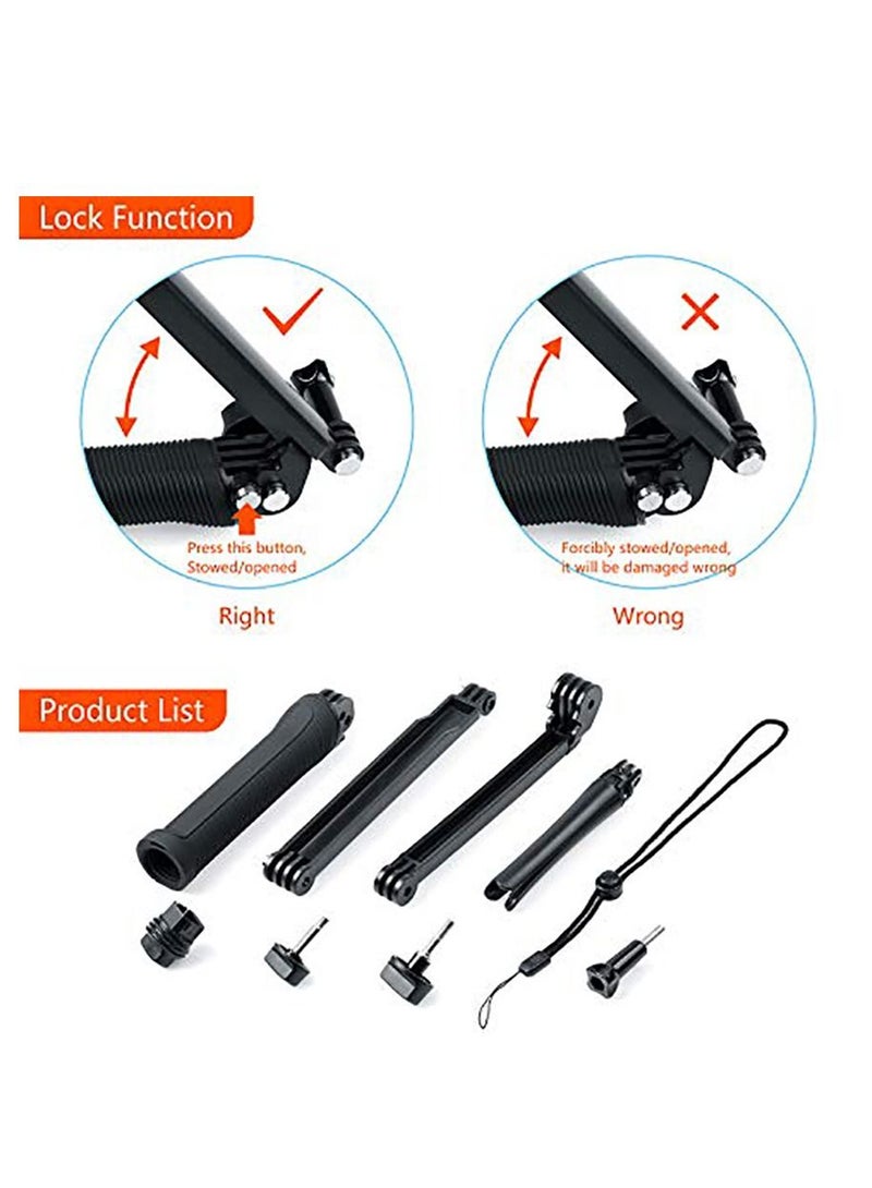 3 Way Tripod for Go Pro Hero 10/9/8/7/6/5/4/3/2/1 Series and other Action Cameras, Detachable Extendable Selfie Stick Pole with Hand Grip Stand