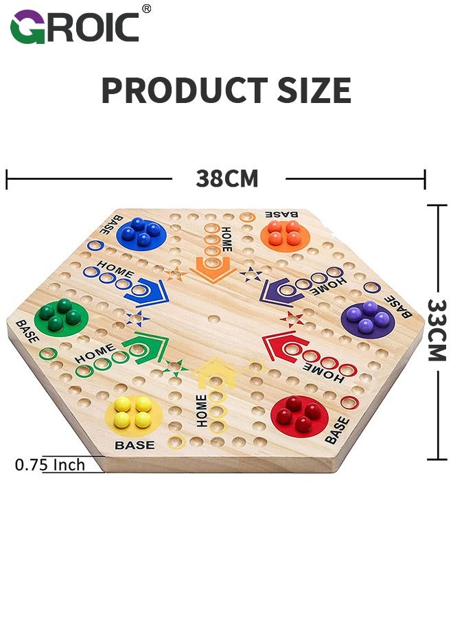 Wooden Board Game,Large Size Original Marble Game Board Game Double Sided Painted 6&4 Player,Fast Track Board Game Wooden with 6 Colors 24 Marbles 6 Dice