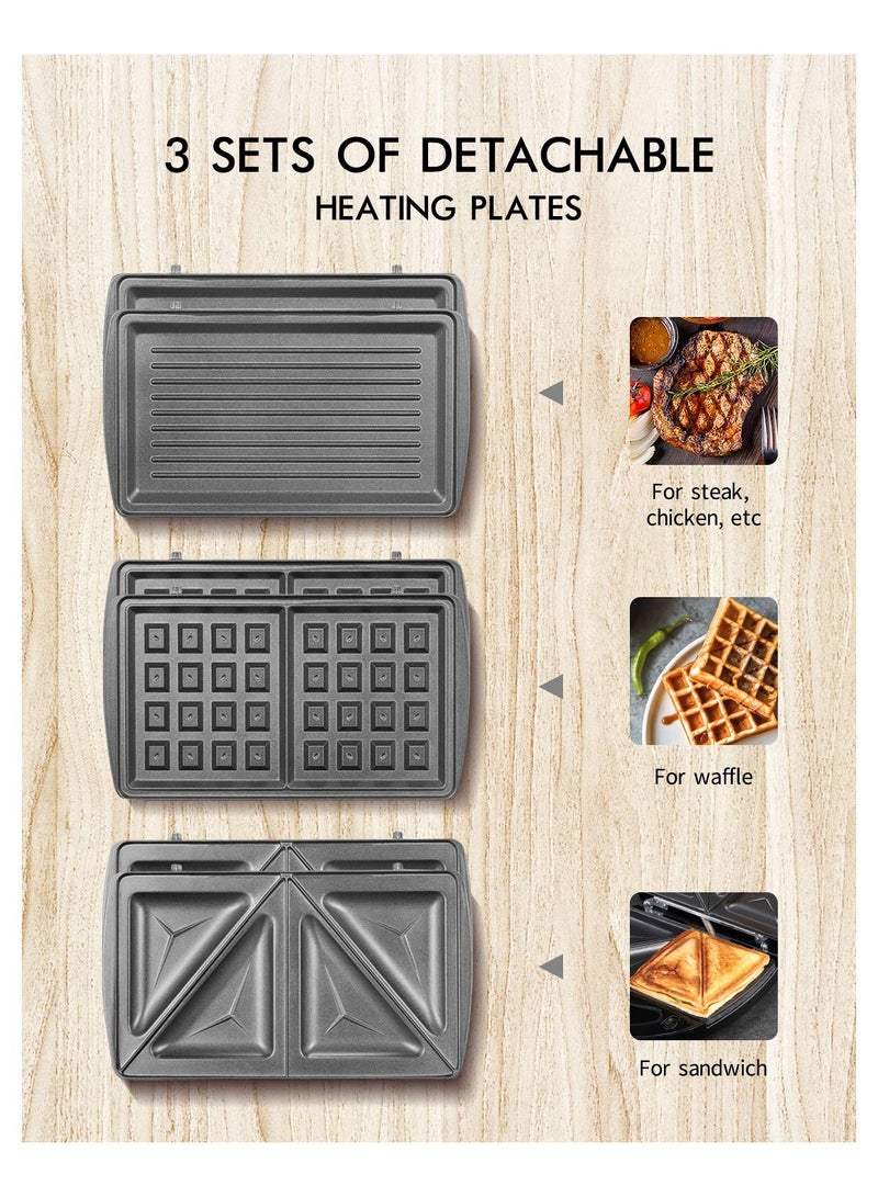 Versatile 3-in-1 Sandwich Maker with Waffle, Toaster, and Panini Press Options - Fast Heating, Easy-to-Clean Non-stick Plates, and Compact Design for Portable Use