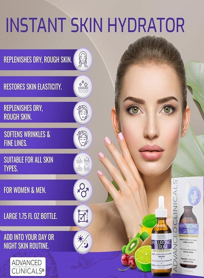 Advanced Clinicals Hyaluronic Acid Face Serum Anti Aging Face Serum Instant Skin Hydrator Plump Fine Lines Wrinkle Reduction 1.75 Ounce Multi